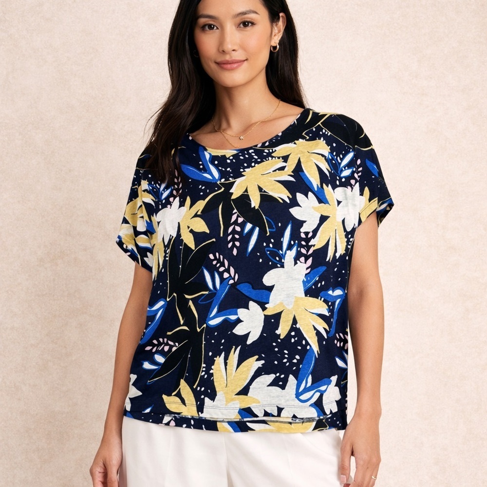 Sportscraft Navy Floral Linen Top Size XL Tropical Print Cap Sleeve Summer